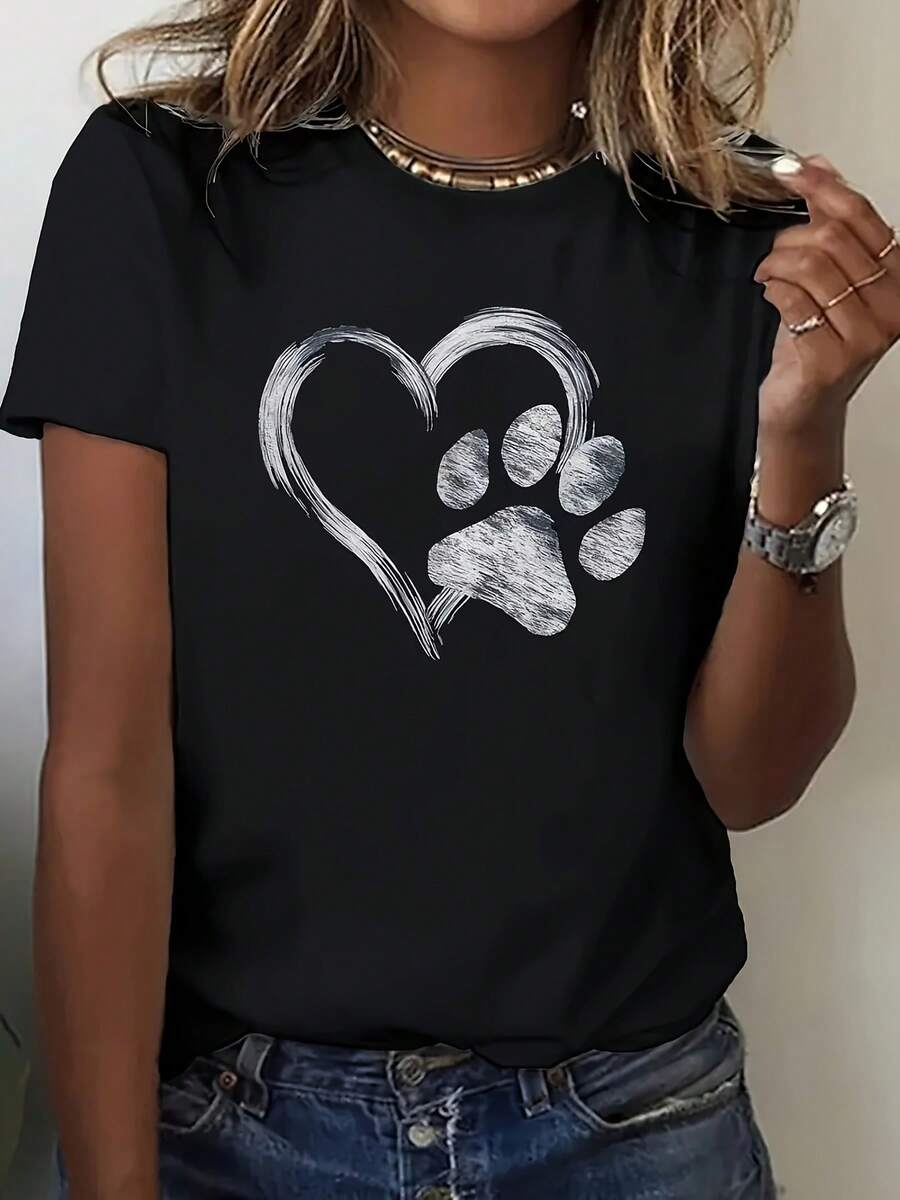 Camiseta de manga corta con cuello redondo para mujer, top casual para uso diario - Negro - Ver 1
