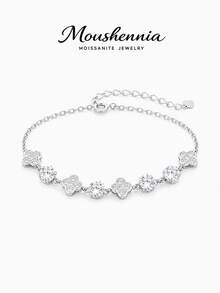 MOUSHEENIA 925 Sterling Silver Moissanite Clover Bracelet, D Color Round Cut Lab-Grown Diamond. Sparkling Chain. Wedding Jewelry. Gift For Her, Wife, Anniversary. - Silver - View 3