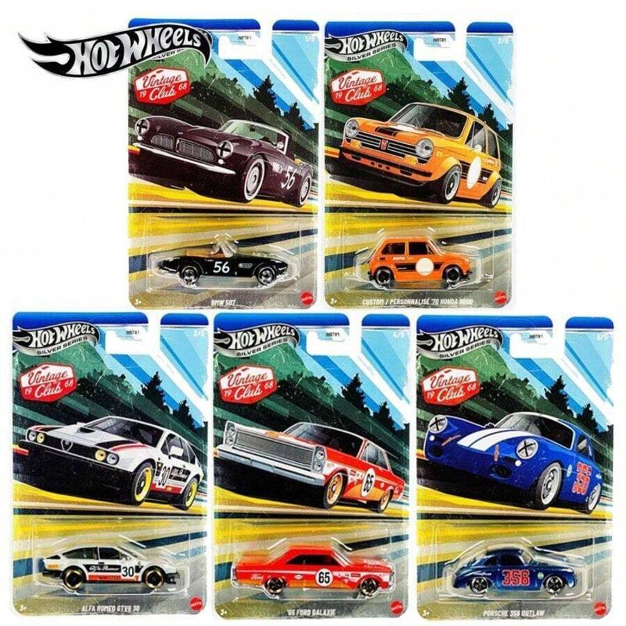 Mattel Mattel 风火轮复古俱乐部大奖赛 1:64 比例合金车模收藏系列,银色系列复古俱乐部大奖赛 HRT81-J BMW507、'65 福特野马、速度超快、改装车、'71 保时捷 911、大众经典甲壳虫收藏玩具,男孩礼物,非常适合在毕业季、开学季、节日生日等场合展示男孩女孩的玩具,1 件装 - 彩色 - 查看 1