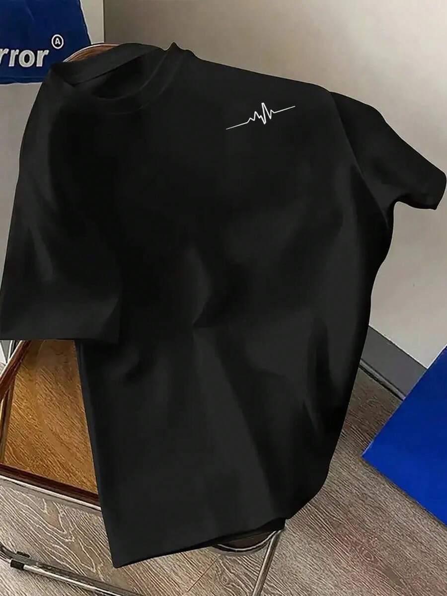 Men's Size T-Shirt, Simple And Elegant, Short Sleeve T-Shirt With ECG Print On The Chest Line, Comfortable Casual Summer T-Shirt - 黑色 - 查看 1