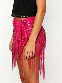 Women Belly Dance Sequin Tassel Hip Scarf Triangle Belt Wrap Skirts Music Festival Sheer Mesh Waist Chain - 玫紅色 - 查看 3