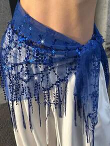 Women Belly Dance Sequin Tassel Hip Scarf Triangle Belt Wrap Skirts Music Festival Sheer Mesh Waist Chain - 藍色2 - 查看 3