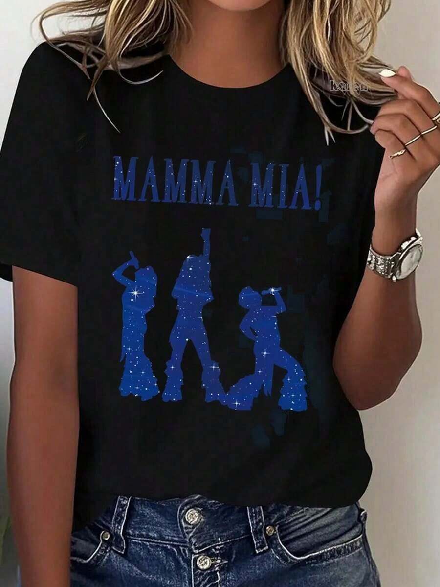 Women's Short-Sleeved T-Shirt, 100% Cotton, Printed With "Y2K Retro Mamma Mia!" Sequin Textured Silhouette, Machine Washable, Breathable, And Comfortable To Wear. Suitable For Streetwear, Parties, Social Events, Music Festivals, Bars, Daily Commutes, Outdoor Travel, And Can Be Worn Casually In Spring, Summer, And Autumn. - 黑色 3 - 查看 1