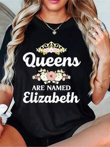 Women's Short-Sleeved T-Shirt, Casual Style, Perfect For Summer Leisure Time - Floral Print With Lettering, Black With White Text And Pink Roses, Machine Washable, Round Neck, Women's Spring And Summer T-Shirt, Loose Fit For Comfortable Wear, Fashionable Summer Item, Ideal As A Holiday Gift. Printed, Simple, Versatile, Loose Fit, Fitted Top With Round Neck. - 黑色 - 查看 3