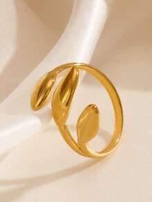 1pc Minimalist 18K Gold Plated Stainless Steel Leaf Open Ring, Suitable For Women's Daily And Party Wear - Gold - View 4