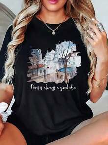 Casual T-Shirt: Women's Casual Shirt With Landscape Print: A Soft And Breathable Short-Sleeved, Crew-Neck Blouse Featuring The "Paris Is A Good Idea" Design, Perfect For Casual Outings And Outdoor Activities. Made From Breathable 180 G/M² Fabric. 100% Durable Cotton - 黑色 - 查看 2
