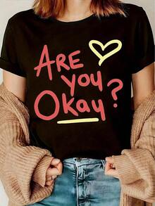Unique T-Shirt With A Modern Design And The Positive Message "Are You OK?" Perfect For Y2K Style, Ideal For Any Spring/Summer Occasion. Made From Soft And Comfortable Cotton, Ideal For Young People And Urban Fashion Lovers. - 黑色 - 查看 1