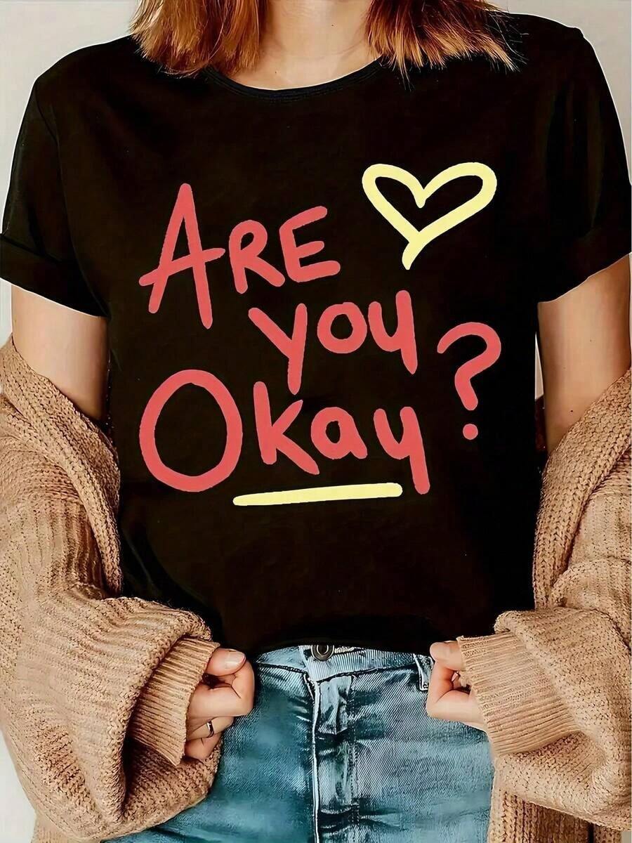Unique T-Shirt With A Modern Design And The Positive Message "Are You OK?" Perfect For Y2K Style, Ideal For Any Spring/Summer Occasion. Made From Soft And Comfortable Cotton, Ideal For Young People And Urban Fashion Lovers. - 黑色 - 查看 1