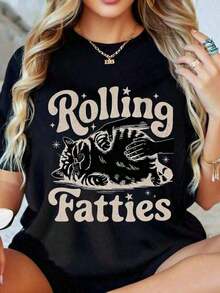 Premium Heavyweight WeStyle Hub St. Patrick's Day Set, 1 Piece Crew Neck T-Shirt With 'Rolling Fatties' Cat Graphic Print For Casual Wear, Women's T-Shirts With Interesting Design, Comfortable And Casual Short Sleeve T-Shirts For Sports, Gift Set, Confidence Boosting Set, 100% Cotton, Must-Have Gift Idea - 黑色 - 查看 1