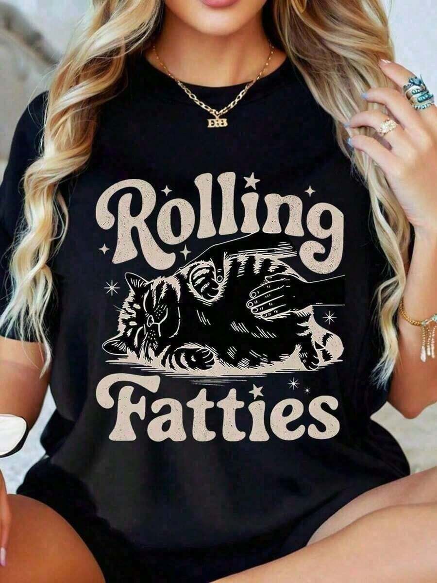 Premium Heavyweight WeStyle Hub St. Patrick's Day Set, 1 Piece Crew Neck T-Shirt With 'Rolling Fatties' Cat Graphic Print For Casual Wear, Women's T-Shirts With Interesting Design, Comfortable And Casual Short Sleeve T-Shirts For Sports, Gift Set, Confidence Boosting Set, 100% Cotton, Must-Have Gift Idea - 黑色 - 查看 1