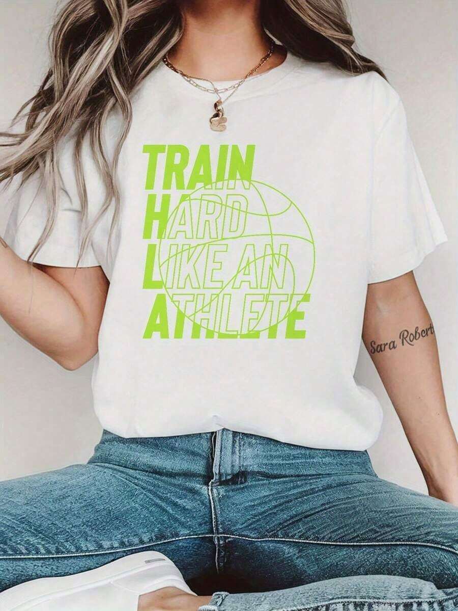 A White Crew Neck T-Shirt With A Green Background And M Print, A Casual Short-Sleeved Top For Women, Suitable For Spring And Summer. Women's Blouses > Clothing - 白色 - 查看 1