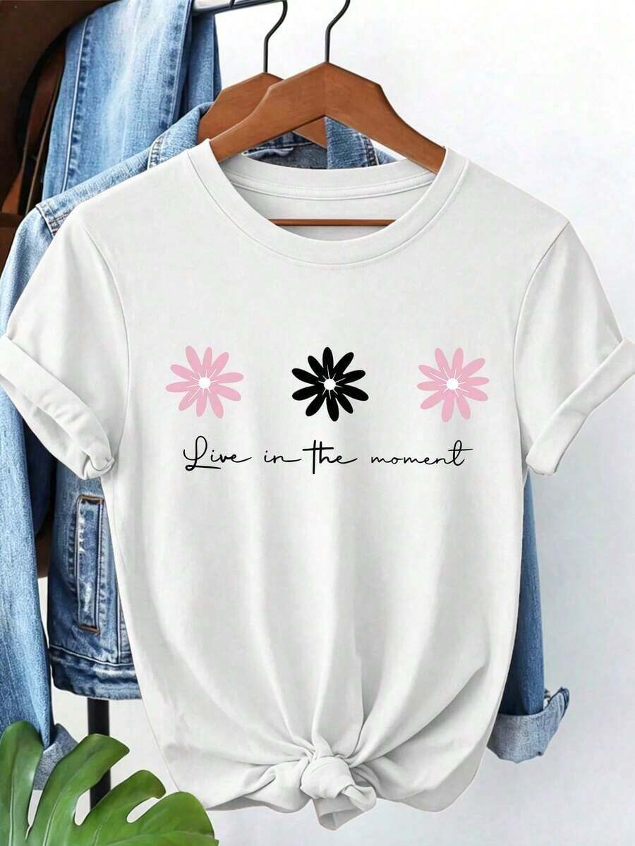 Casual Off-The-Shoulder T-Shirt With A Lovely Floral Print And The Slogan 'Live In The Moment', Short Sleeves, Round Neck, Knit Top For Spring Outfits, Medium Stretch Fabric, Regular Length. - 白色 - 查看 1