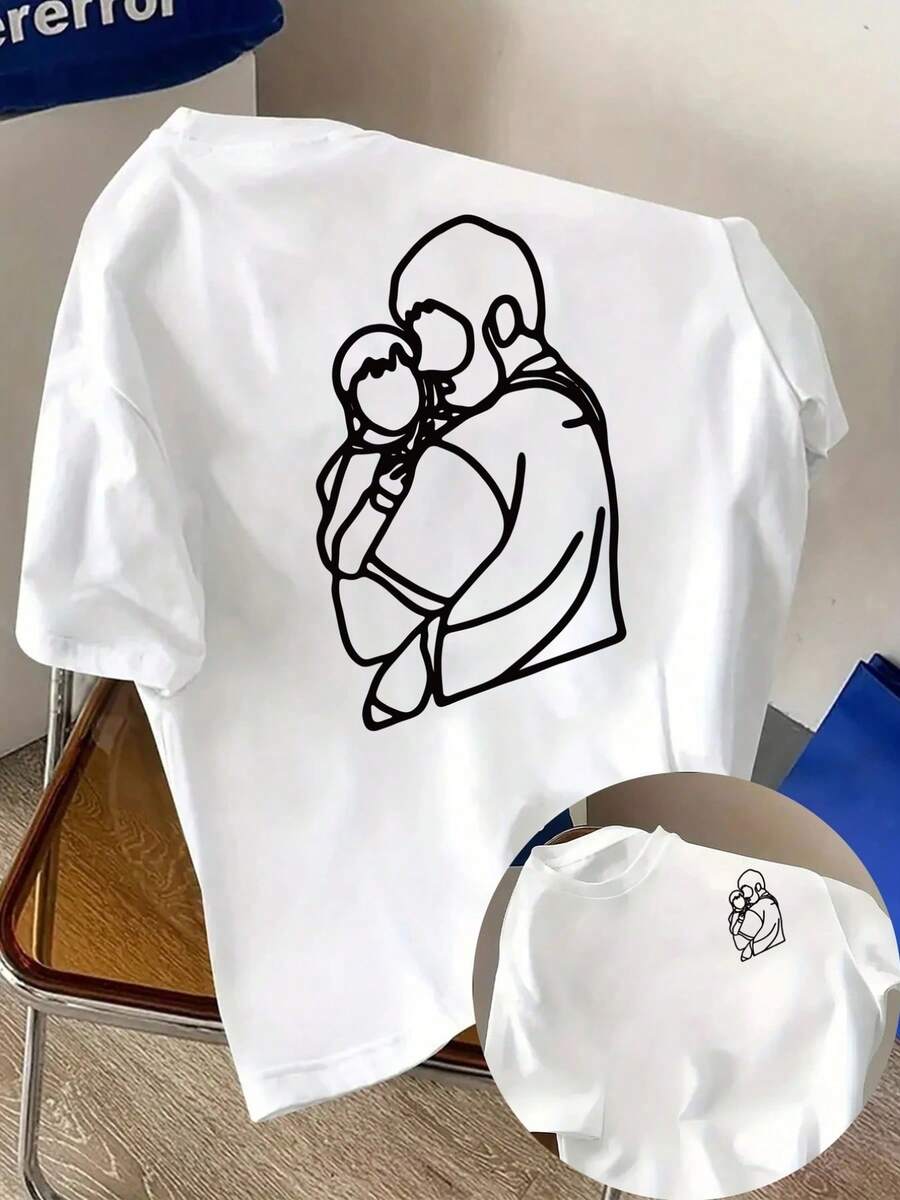 New Men's 180gsm Cotton T-Shirt Featuring A Father-Son Hug Design, A Touching Motif Printed On The Front And Back. This Stylish Short-Sleeved T-Shirt Is Suitable For Everyday Casual Wear And Outdoor Fitness Activities. It Has A Unique Double-Sided Pattern, Perfect For Layering In Spring And Autumn Or Wearing Alone In Summer. Unisex. - 白色 - 查看 1