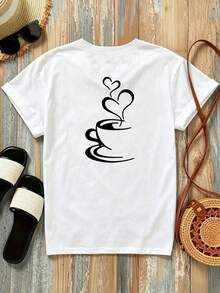 New 180g Short-Sleeved T-Shirt, % Cotton, With Prints On The Front And Back - Coffee Cup, Heart Shape - Fashionable Printed T-Shirt For Women, Short-Sleeved, Suitable For All Seasons, Modern Clothing - Can Be Worn As A Base Layer In Spring And Autumn Or Alone In Summer, Unisex. - 白色 - 查看 2