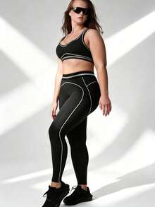 Plus Size Activewear Set, All Season, Black Seamless Fitted Yoga Set, Soft Fabric Black Leggings, Stretchy Comfortable Tank Top. Suitable For Running, Cycling, Yoga, Workout And Daily Wear. High-Density, High-Elasticity Fabric Provides Comfortable Free Movement, Suitable For All Seasons, Machine Washable Or Dry Cleanable. Sports - Black - View 3