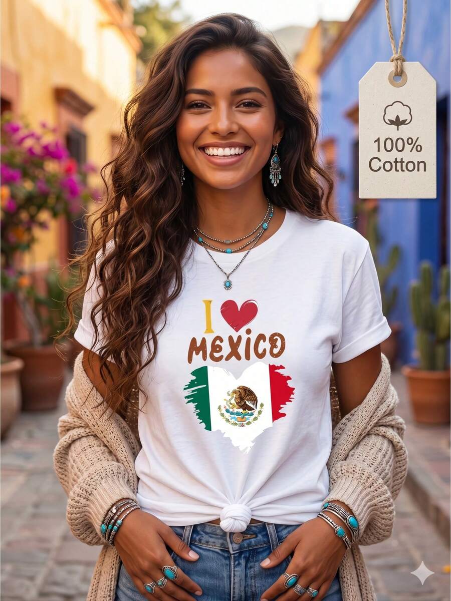 I Love Mexico T-Shirt: 100% Cotton T-Shirt With Mexican Flag Heart, Casual Short Sleeve "I Love Mexico" T-Shirt, Patriotic Summer Top For Everyday Wear And Parties - 白色 - 查看 1