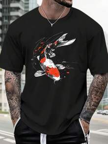 Men's 100% Cotton Short Sleeve T-Shirt With Vibrant Koi Fish Print With Ink Splatter - Black With Red And White Artwork, Crew Neck, Casual Style For All Seasons, Machine Washable, Ideal Gift For Family And Friends, For All Seasons Wear, Comfortable Fit. - 黑色 - 查看 6