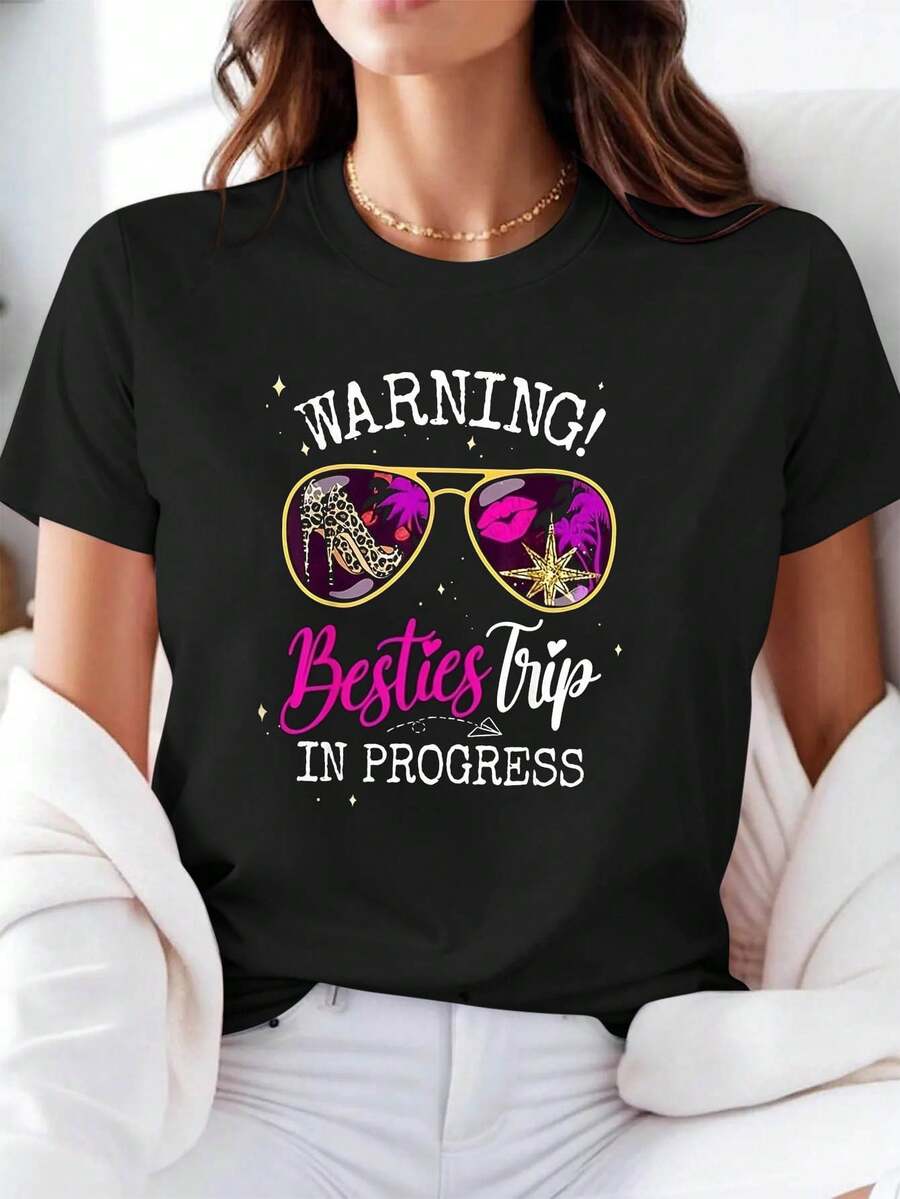 WARNING! Best Friends Trip IN PROGRESS Friends Travel T-Shirt, Women's Casual Style, Crew Neck, Girls Out Scene, Season - Vintage Urban Style, Unisex Loose Cotton Short Sleeve Crew Neck T-Shirt - 黑色 - 查看 1
