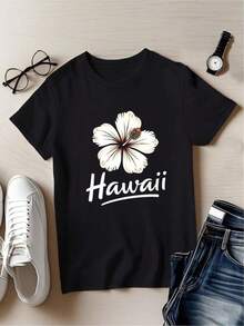 Oferta Especial: Camiseta moderna Hawaii hibisco tropical diseño casual estilo relajado unisex cómoda versátil fácil de combinar ideal para verano disponible en varios tamaños y colores moda contemporánea populares- Ropa de Moda Casual Suave y Transpirable para Diario - Negro - Ver 6