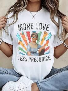 TrendyWomens Fashion T-Shirt With Graphic Print "More Love, Less Prejudice" Vintage Women's Rainbow Design, Casual Summer Top For Everyday Wear. - 白色 - 查看 1