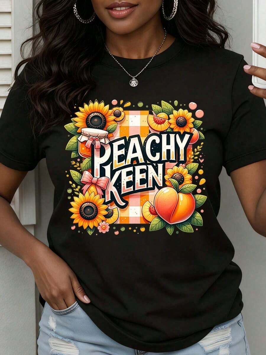 Casual Peachy Keen Sunflower And Peach Graphic T-Shirt For Women Summer Casual Top With Floral Design And Cute Fruit Pattern Fashion Statement ShirtFashion - 黑色 - 查看 1