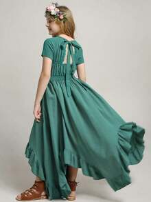 Vestido Assimétrico sem Mangas e Decotado para Meninas Pré-Adolescentes, Adequado para Casamentos, Festas, Férias Boêmias - Azul cadete - Visão 2