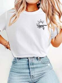 Camia de mujer moderna, informal, para fiestas y para estar en casa, 100% algodón, corte holgado. Suoyuan Mujeres Camiseta Casual de Manga Corta - con Estampado de Amanecer Blanco, Cuello Redondo, Corte Regular en Línea H para Primavera, Verano y Otoño, Lavable a Máquina, Camiseta Cómoda para Uso Diario, Ropa Casual de Temporada, Camiseta con Estampado Gráfico, Ropa Casual Duradera, 100% Algodón - Blanco - Ver 7