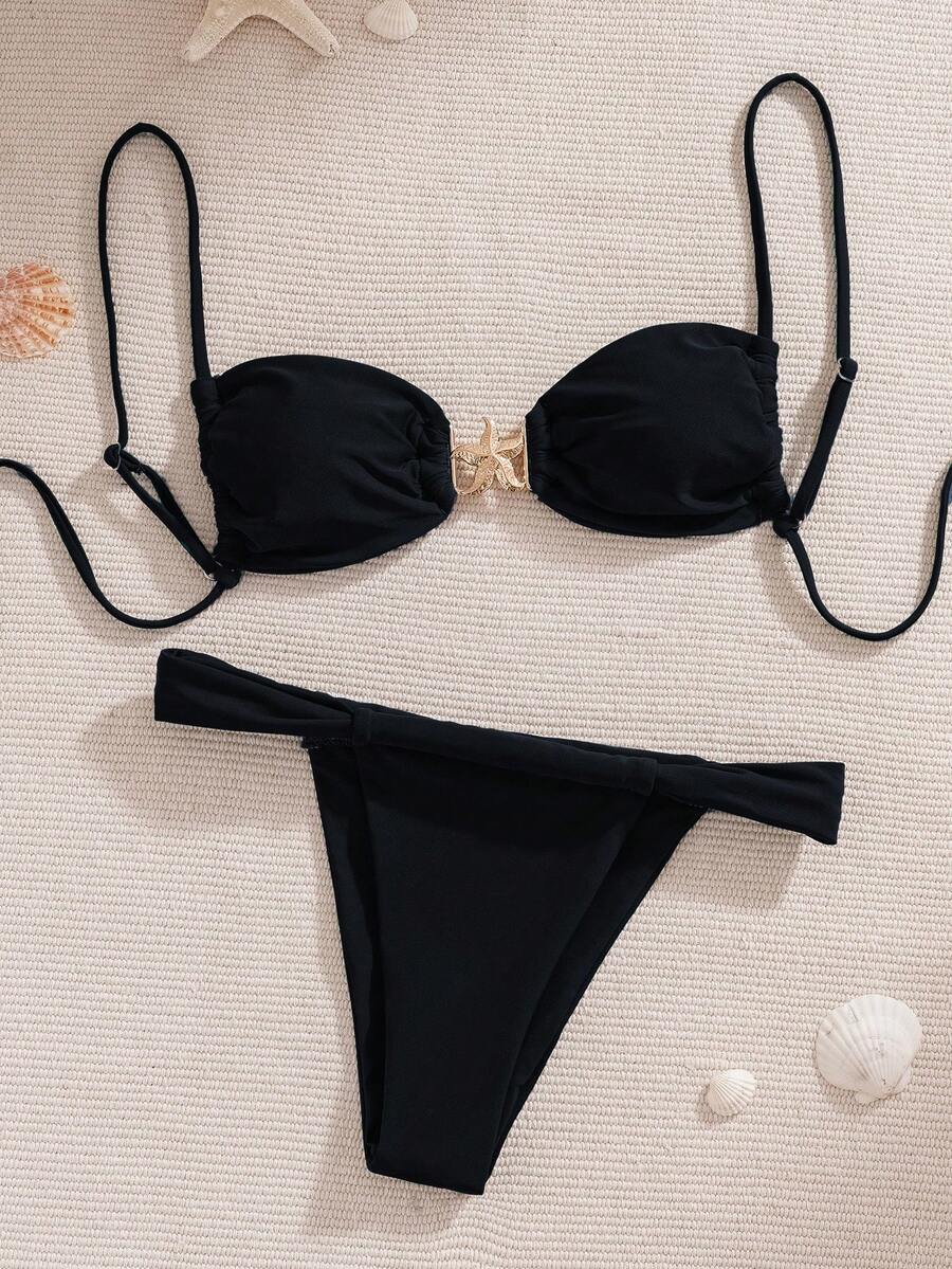 Sexy Two-Piece Bikini For Women, Adjustable Lace-Up Design With Starfish Embellishment, Solid Color - JY913BK - 查看 1