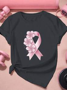 Women's Pink Short Sleeve T-Shirt With Bow - Casual Round Neck Blouse, Machine Washable - Comfortable Top For Casual Outfits And Layering, Soft Floral T-Shirts For Women, 12+ Months Care - 黑色 - 查看 7