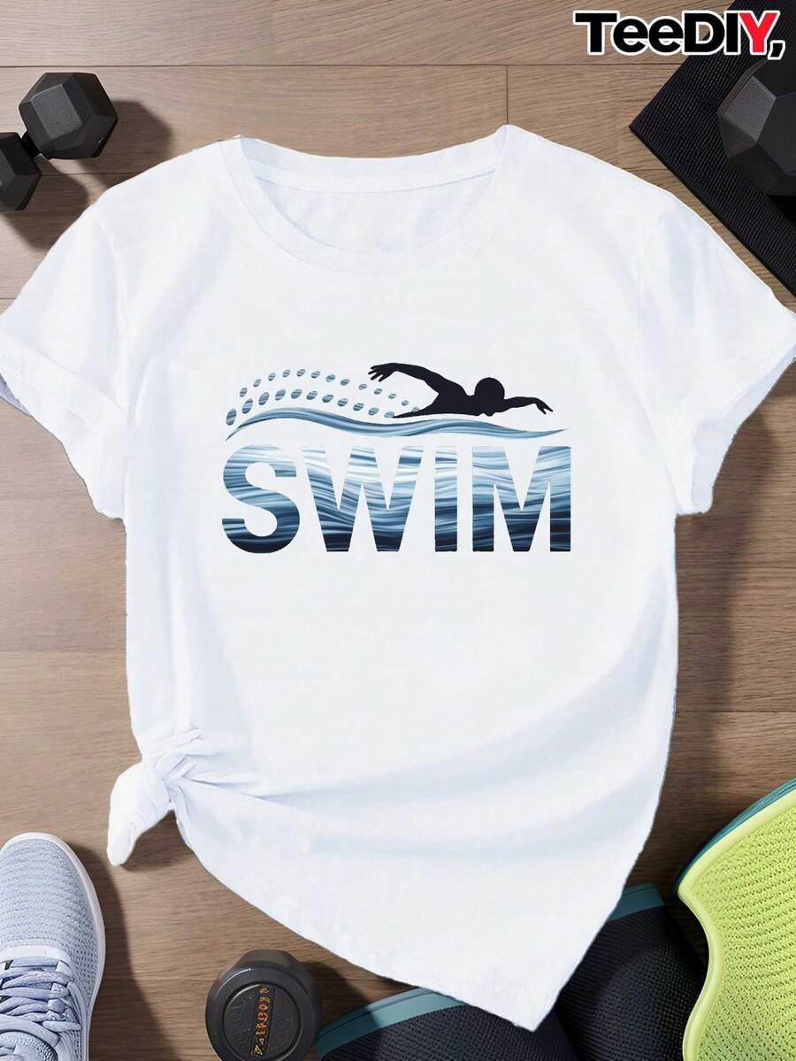 SuaveWomen's Plus Size T-Shirt With Wave Print And The Letter SWIM - Turquoise Blue, Water Wave Print, Short Sleeve, Beachwear, Quick-Drying Casual Swim Top For Pool, Surfing, Water Activities (Machine Washable, For All Seasons) - New Arrival - 白色 - 查看 1