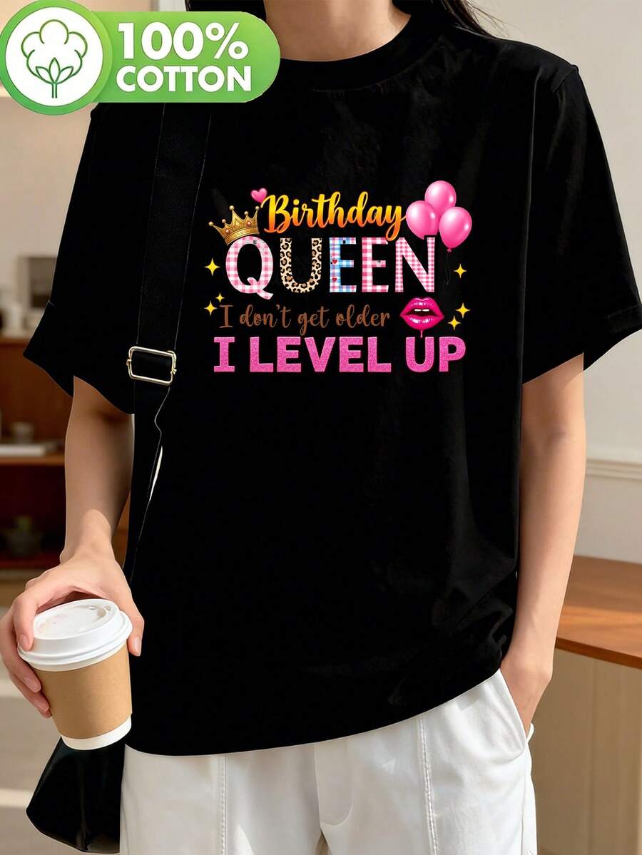 Women's Casual Short-Sleeved Sports T-Shirt, Round Neck, Pure Cotton Fabric, Suitable For Individual Y2K Style Prints, And Unique "Birthday Queen" Print Short-Sleeved T-Shirt, Ideal For Daily Meetings And Birthday Parties, Available In Black And White, Five Sizes, Suitable For All Seasons, Machine Washable, Casual Sports Style, Suitable For Fitness Wear. Elegant Party Outfit, T-Shirt For Elegant Ladies, Blouses Suitable For Curvy Women, Casual Wear, Cool And Sweat-Free Summer Wear, Fun Letter Print. - 黑色 - 查看 1