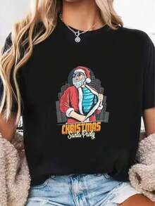 Women's Blouses: Women's 180g Printed T-Shirt With Christmas Theme, Santa Claus Party Gift - Comfortable And Fun Family Gift Idea For The Holidays. 2YGNeurmuse - 黑色 - 查看 8