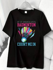 Colorful Printed Badminton Sports T-Shirt. Available In 6 Colors, Short Sleeves, Round Neck, High-Elasticity Casual Sports Top. Machine Washable. Suitable For Spring And Summer. Can Be Worn In All Seasons. Women's Clothing. Elegant Party Outfit, Stylish Ladies' T-Shirt, Blouses Suitable For Curvy Women, Casual Wear, Cool And Breathable Summer Clothing, Fun Letter Print. - 黑色 - 查看 6