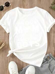 Women's T-Shirt: Women's "Proud Mom Of Three Cool Boys" T-Shirt With Black Graphic Print For Maternal And Family Pride, Casual Wear - 白色 - 查看 4