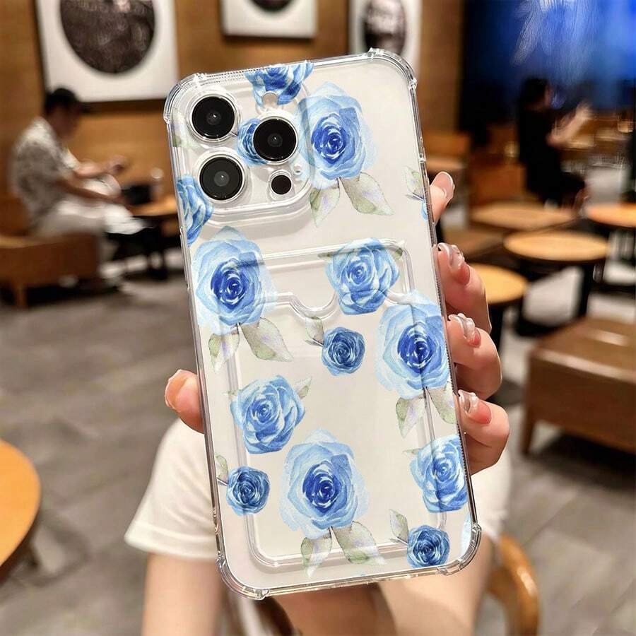 1 unidad Patrón floral de rosas azules Funda para iPhone 17, protección anticaída con airbag reforzado en las cuatro esquinas, tarjetero invisible integrado en la parte trasera, compatible para tarjeta personal, carnet de conducir, tarjeta de acceso y tarjeta de transporte, funda protectora antigolpes portátil con ranura para tarjetas, diseño sencillo y elegante, ideal para uso diario, desplazamientos y viajes - transparente - Ver 1