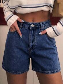 Short en jean bleu ajusté sans stretch, taille mi-haute, mode minimaliste personnalisée pour femme, polyvalent pour l'été, décontracté - Jean brut - Voir 7