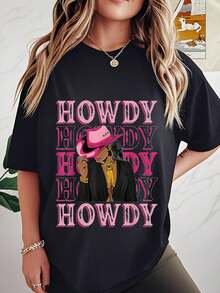 Loose-Fitting Cotton T-Shirt With Round Neck And Print For Plus Size Women, 1 Piece Of Denim Print T-Shirt, Comfortable And Breathable For Casual Wear, Casual Top For Women. - 黑色 - 查看 1