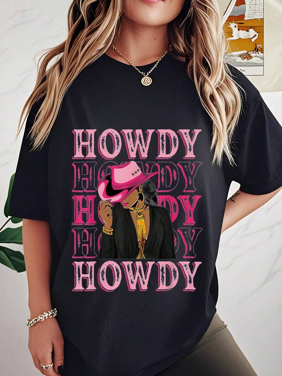 Loose-Fitting Cotton T-Shirt With Round Neck And Print For Plus Size Women, 1 Piece Of Denim Print T-Shirt, Comfortable And Breathable For Casual Wear, Casual Top For Women. - 黑色 - 查看 1