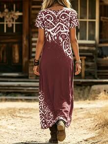 Damen Vintage V-Ausschnitt Kurzarm bedrucktes Schlitz langes Kleid, Bohemian Western Stil Lässig Urlaub Sommerkleid Elegant - Bordeaux - Übersicht 4