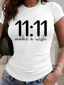 Artistic 11:11 Letter Print - Y2K Style - Women's Slim Fit Solid Color Crew Neck Short Sleeve T-Shirt, Casual And Sporty Style, With Gathered Waist Detail, Suitable For All Seasons. - 白色 - 查看 12