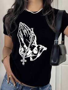 2026 New Cotton Shirt - 100% Cotton. Hands Joined In Prayer Holding A Rosary Symbolizing Faith, Hope, And Inner Peace, Reflecting The Soul's Spiritual Connection. Women's T-Shirt. Soft And Comfortable Cotton. Women's Simple Solid Color Shirt, Loose And Casual Short Sleeve - 黑色 - 查看 1