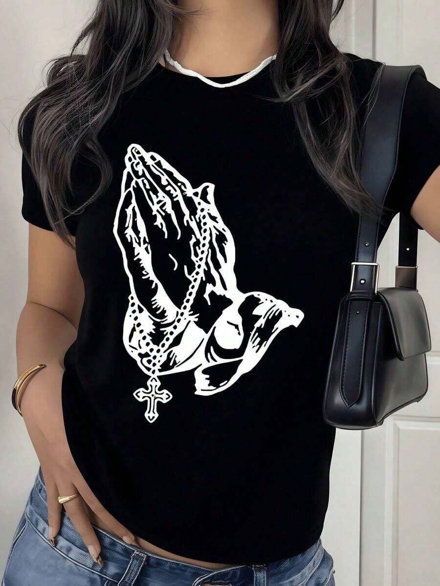 2026 New Cotton Shirt - 100% Cotton. Hands Joined In Prayer Holding A Rosary Symbolizing Faith, Hope, And Inner Peace, Reflecting The Soul's Spiritual Connection. Women's T-Shirt. Soft And Comfortable Cotton. Women's Simple Solid Color Shirt, Loose And Casual Short Sleeve - 黑色 - 查看 1