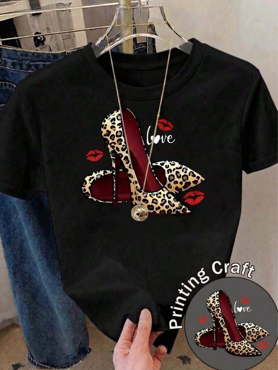 Camiseta de Mujer de Cuello Redondo con Estampado de Zapatos de Tacón con Estampado Animal Print, Manga Corta Casual para Uso Diario - Blanco - Ver 1