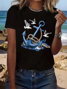 Women's Premium 100% Cotton T-Shirt With Fashionable Casual Print - Short Sleeve Printed T-Shirt For Women - Anchor And White Dove Print, Multifunctional Four-Season T-Shirt For Women, Family, And Friends. Crew Neck, Machine Washable, Suitable For All Four Seasons, Autumn And Winter Wear, Ideal For Holidays And Everyday Use, Suitable As A Christmas Gift, Interesting Pattern Design, Soft Texture, The Best Gift Idea For Her. - 黑色 - 查看 7