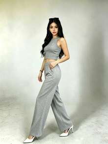 2-Piece Set Of Tank Top And Solid-Color Pants For Casual Holiday Wear - Grey - View 3