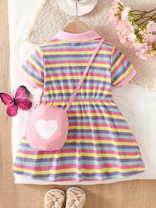 2pcs/Set Girls' Rainbow Striped Polo Dress And Heart Print Handbag Set, Short Sleeve Casual Summer Baby Girl Outfit, Cute And Charming - Multicolor - View 3