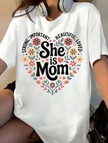 She Is A Strong, Important, Beautiful, And Beloved Mother. Women's Floral Heart Design T-Shirt, Mother's Day Gift [Suitable For Casual And Sports Activities]. - 白色 - 查看 7