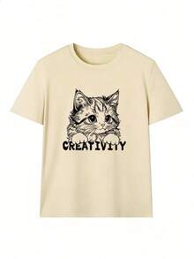 T-Shirt With Cat Print And "CREATIVITY" Text, Fashionable Short-Sleeved T-Shirt For Spring And Summer 2026, Made In Mexico, 180 Grams. Cartoon Print, Couple Design, Suitable For Indoor Or Outdoor Wear. Crew Neck, Unisex, Ideal For The Office And Leisure. One-Pack. - APR-P631577SLNDXZGY589 - 查看 2