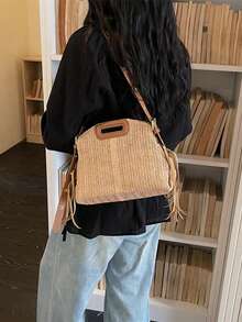 時尚斜挎包單肩包，流蘇鉚釘方形錢包休閒信使包，適合旅行與日常，便攜商務工作手提斜挎包 - 卡其色 - 查看 4