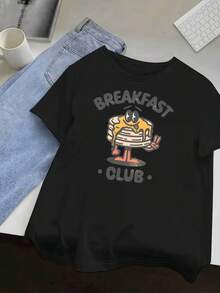 | Exquisite Design | Loose And Comfortable | Easy To Match | Lively Retro Design Of A Pancake Breakfast, Relaxed And Fresh Print, Women's Summer Short Sleeve T-Shirt,  And Casual, Available In Various Colors And Sizes From S To XXL. - 黑色 - 查看 7